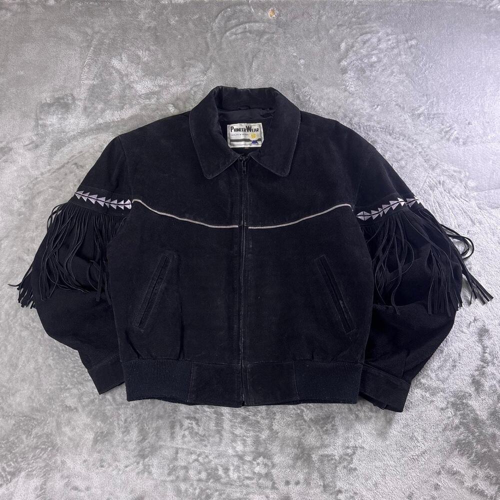 Pioneer Wear Womens XS Black Suede Leather Fringe Western Jacket Vintage Style